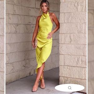 Havyn Satin Asymmetrical Halter Midi in lime, size XS